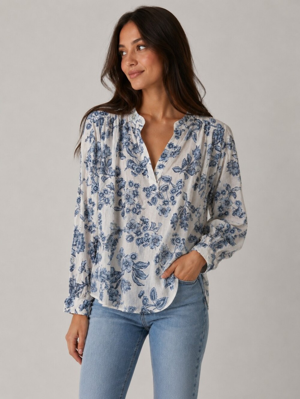Ann Taylor White Tunic with Blue Floral Print